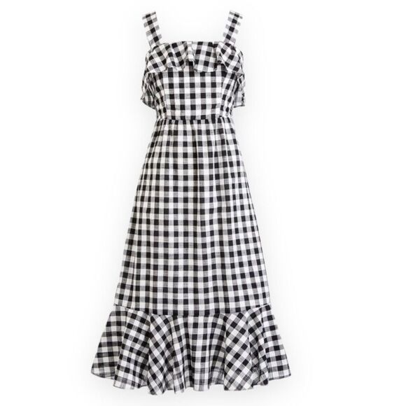 J. Crew Wide Straps White Black Gingham Ruffled Summer Midi Dress NEW - Picture 2 of 2